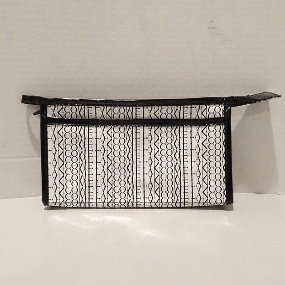 Lancome Makeup Bag Zippered Pouch Black White Spell Out Logo Vinyl EMPTY - Picture 1 of 6